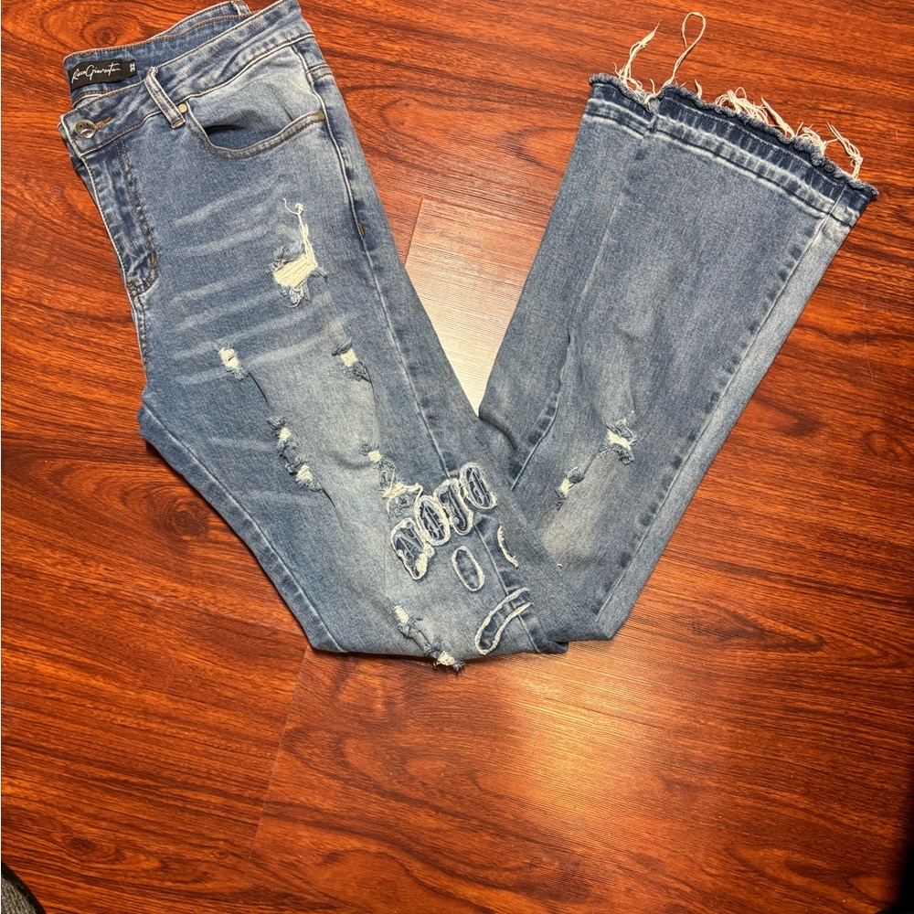 Distressed Blue stacked jeans